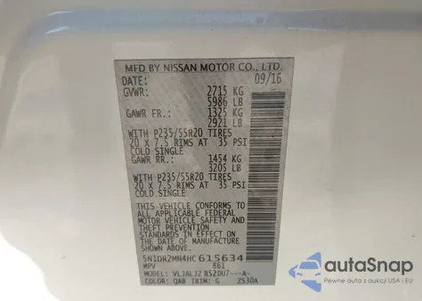 2017 Nissan Pathfinder Platinum z USA, uszkodzony, nr VIN 5N1DR2MN4HC615634